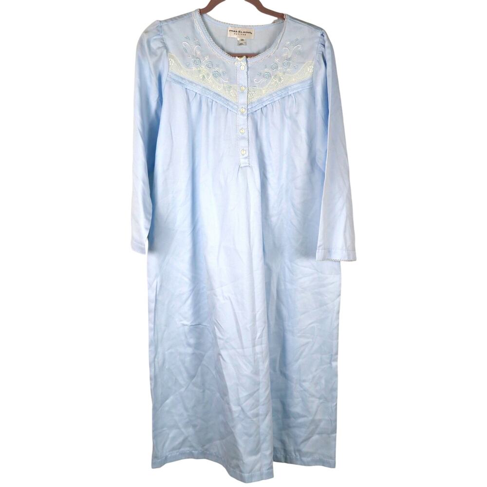 Vintage Miss Elaine Petites Blue Nightgown Floral Lace Bow Ruffle Long Maxi PS